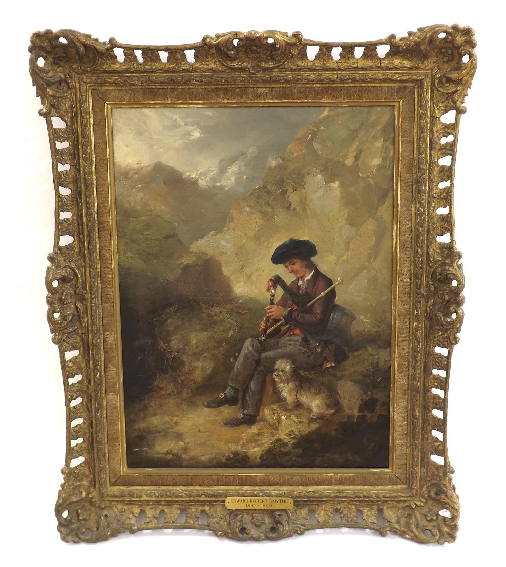 Attributed to Edward Robert Smyth (1810-1899) - boy seated on rocks playing bagpipes, a dog by his - Image 2 of 3