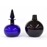 Bristol blue glass apothecary jar and stopper, 9.5" high, together with a larger amethyst glass