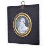 Miniature School (19th century) - oval portrait of a lady in a white dress wearing a blue bead