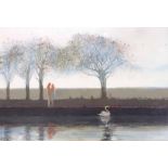 Richard Ewen (b.1929) - Lovers by a lake with a swan in the foreground, signed, Ewen and dated 1977,