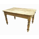 Victorian stripped pine kitchen table, with single drawer on turned legs, 53" wide, 29" high