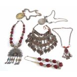 Bedouin Jewellery - six large white metal, beaded and stone set necklaces (6)