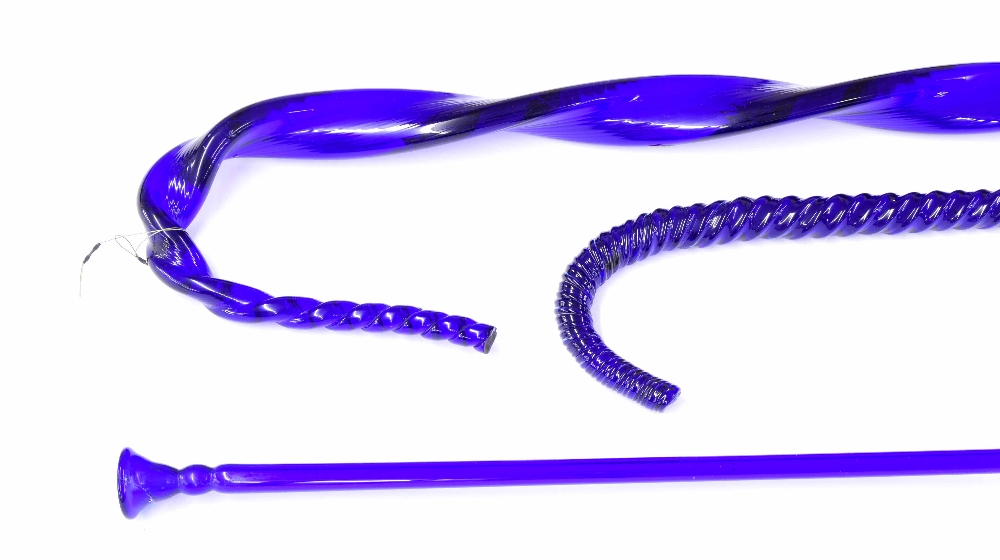 Bristol blue glass hunting horn, 49" long (mouthpiece repair); also a Bristol blue glass shepherd - Image 2 of 3