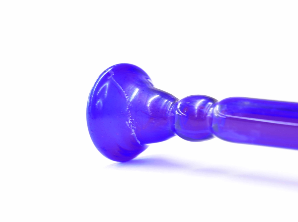 Bristol blue glass hunting horn, 49" long (mouthpiece repair); also a Bristol blue glass shepherd - Image 3 of 3