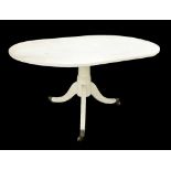 White painted 19th century oval tilt top loo table, the reeded top upon a barrel turned column