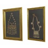 Bedouin Jewellery - two framed and mounted white and gilt metal neacklaces, both featuring old coins