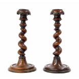 Pair of turned barley twist candlesticks, 11" high (2)