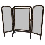 Ebonised lacquered triptych dressing mirror with chinoiserie decoration, 28" high