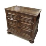 Small antique chest of drawers, the moulded top over three graduated drawers, on bun feet, 30.5"