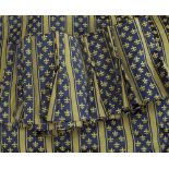 CURTAINS - pair of heavy, fully lined curtains in navy, beige stripe and embossed Fleur de Lys