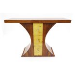 Art Deco style walnut effect console table with three central drawers, 47" wide, 32.5" high, 14.