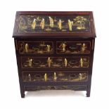 Chinese hardwood bureau, the fall front and drawer panels applied in relief with ladies in