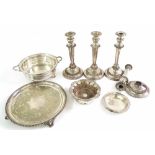 Silver plated ware including two pairs of candlesticks (one at fault), circular waiter, wine