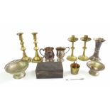 Two pairs of brass candlesticks, plated ware etc