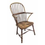 19th century Windsor elm seat armchair upon turned supports, the back 43" high