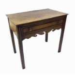 Oak side table, with cross banded single drawer over shaped frieze, 32" wide, 28" high, 19" deep