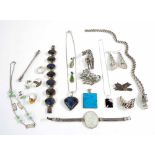 Collection of silver/white metal jewellery, including earrings, bracelets, necklet, cat design