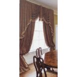 CURTAINS - pair of heavy, embossed velvet curtains in dark rose and gold damask, with tasselled