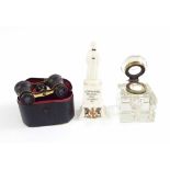 Pair of cased opera glasses, a square glass inkwell and a Willow Art crested ware miniature statue