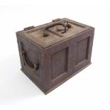 Small cast iron safe, with key, 9'' high, 6'' wide, 6.25'' deep