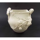 White glaze aesthetic jardiniere, with relief moulded vines and foliage around, 11" high approx