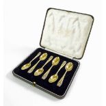 Cased set of six silver gilt teaspoons, maker Josiah Williams & Co. London, 1937