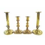 Pair of Victorian brass candlesticks with push-rods, 8.5" high; also a smaller pair of brass