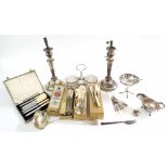 Miscellaneous silver plated to include two candlesticks (alterations), sauce boat, glass condiment