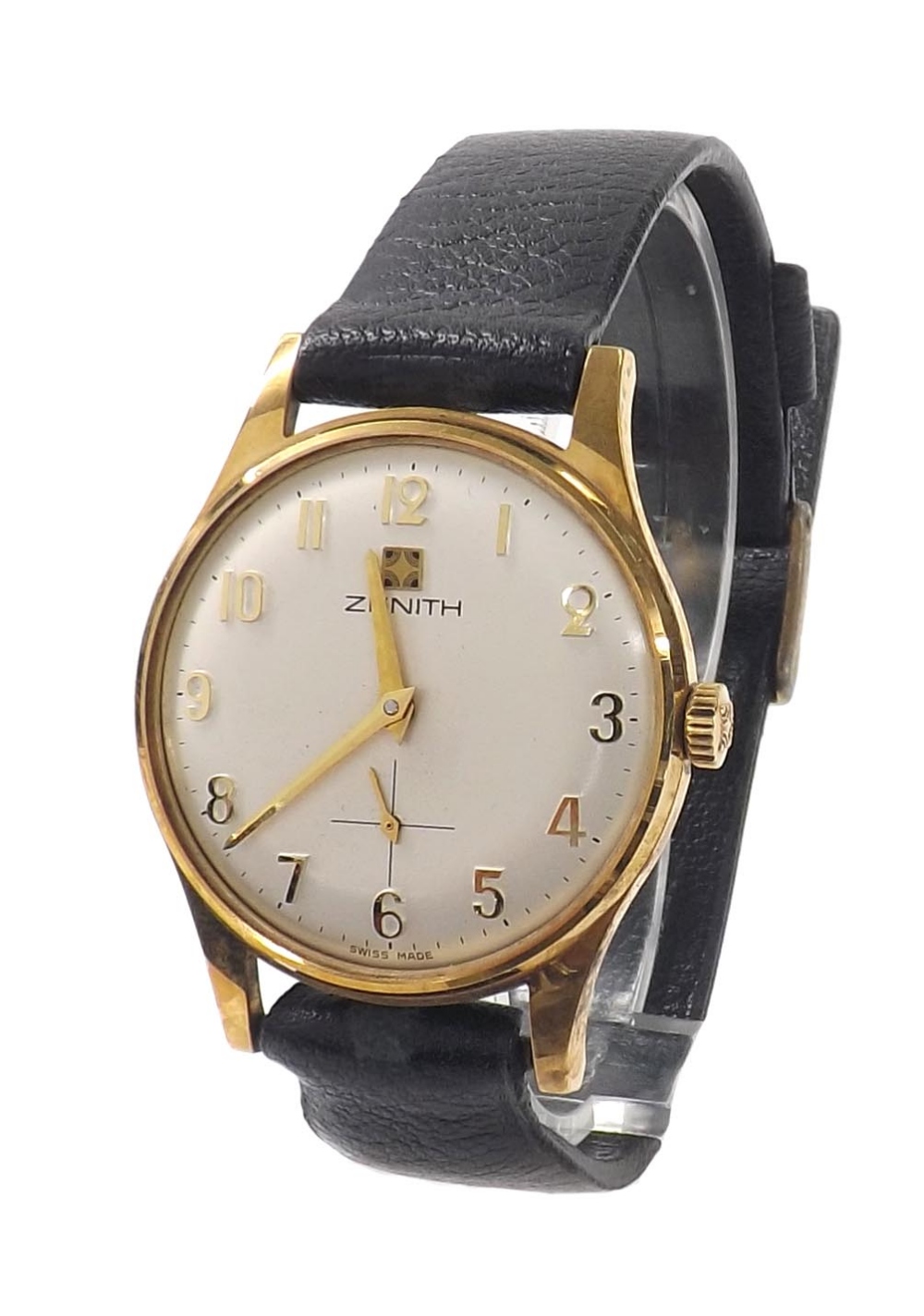 Zenith 9ct gentleman's wristwatch, London 1973, silvered dial with gilt Arabic numerals, outer