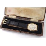 Longines 14k rose gold oval cushion shaped gentleman's wristwatch, circa 1912, the oval dial with