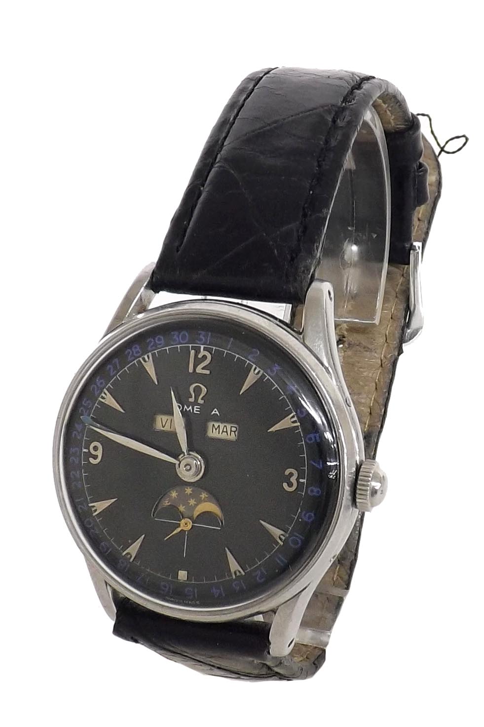 Omega Triple Date Moon Phase stainless steel gentleman's wristwatch, ref. 2471-7, circa 1950, the