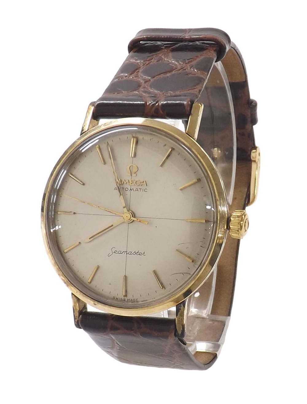 Omega Seamaster 14k gold filled automatic gentleman's wristwatch, silvered dial with baton