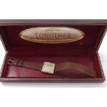 Longines 14k gentleman's wristwatch, circa 1951, square silvered chequer dial with Arabic quarter