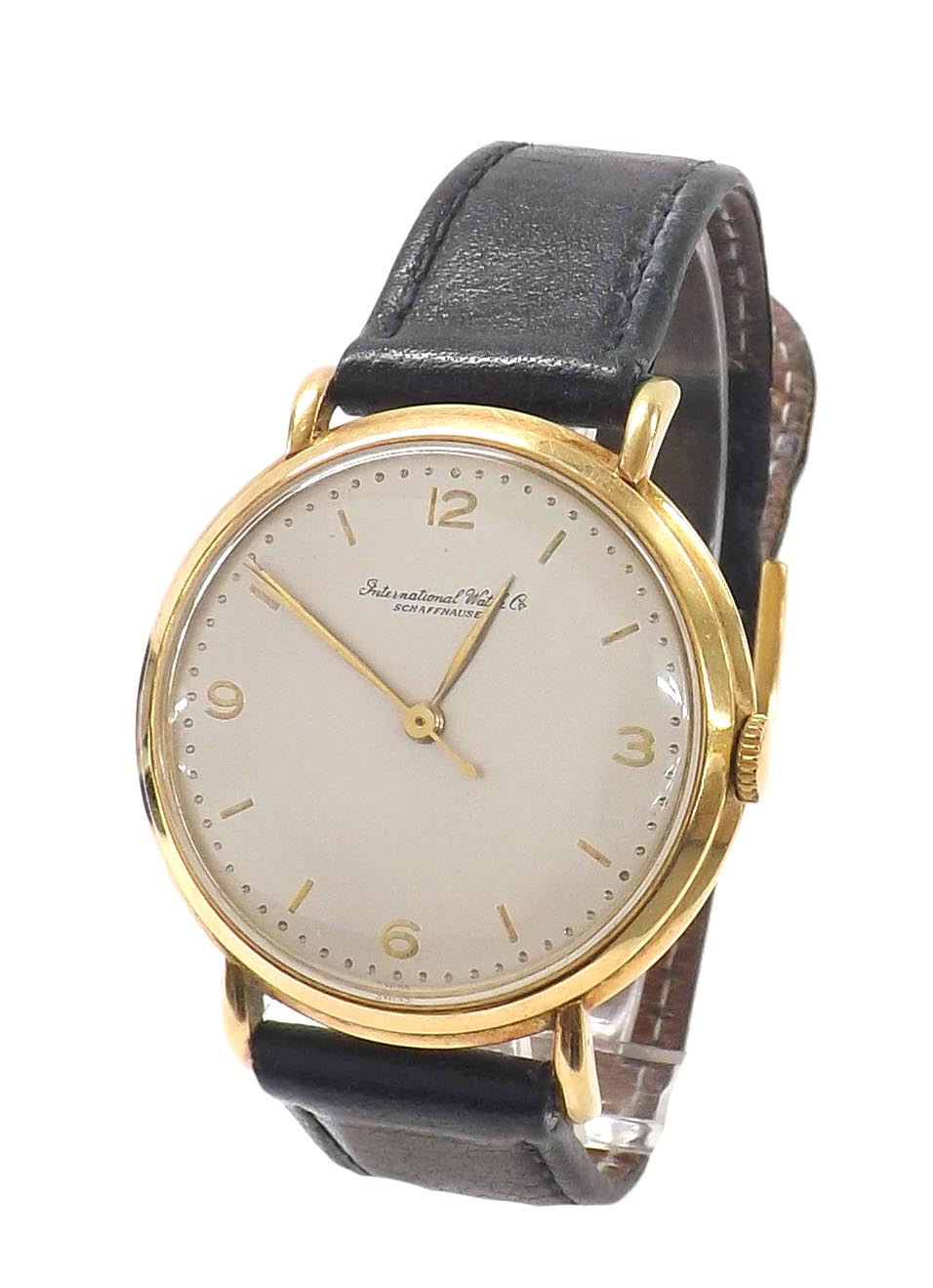 IWC 18ct gentleman's wristwatch, circa 1950s, silvered dial with Arabic quarter numerals, baton