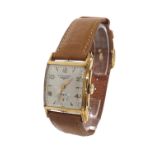 Longines 10k gold filled square cased gentleman's wristwatch, circa 1950, square dial with Arabic