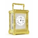 Good repeater carriage clock striking on a gong, the 2.25" white dial within a silver mask and