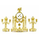 French white marble and ormolu mounted two train mantel clock garniture, the Samuel Marti movement