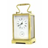 Repeater alarm carriage clock striking on bells to the back plate and base, within a four glass