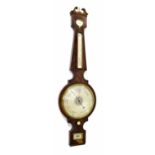 Mahogany four glass banjo barometer, the 10" principal silvered dial within an angled tapering