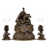 Large Black Forest two train mantel clock garniture, the S. Marti movement with outside countwheel