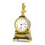 Fine small ormolu and bronze single fusee drumhead mantel clock timepiece, the 3.5" white dial