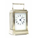 French carriage clock striking on a gong, within a gorge silver plated case, 7.25" high