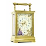 Repeater alarm carriage clock striking on a gong, the porcelain dial plate signed Walters &