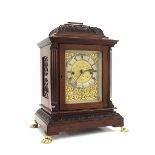 Good mahogany double fusee mantel clock, the 3.75" silvered chapter ring enclosing a foliate