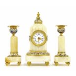 Small French cloisonne and white marble pillar clock garniture, with platform escapement, the 1.