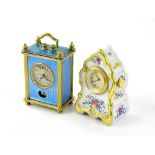 Miniature blue guilloche enamel cased clock timepiece, 2.5" high; also another miniature porcelain