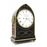 Good English ebonised and ormolu mounted double fusee lancet bracket clock, the 7" white enamel dial