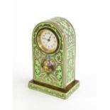 Good miniature green and silver inlaid guilloche enamel clock timepiece, the 1" white dial over a