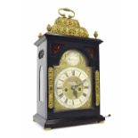 Fine English ebonised and ormolu mounted double fusee verge bracket clock, the 7" brass arched