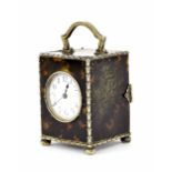 Edwardian miniature tortoiseshell and silver mounted carriage clock timepiece, bearing the Duverdrey